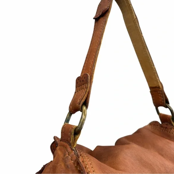 Lucky Brand Distressed Lamb Leather Hobo Bag Brown Boho Scallop Trim Fringe Vntg - Picture 9 of 16